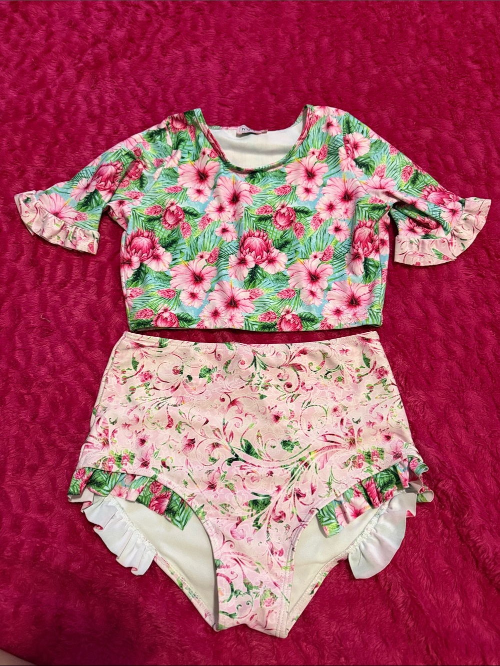 Girls Pink & Green Floral Two-Piece Swim Set